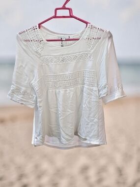 Pale Sky White Crochet Panel Peasant Blouse
